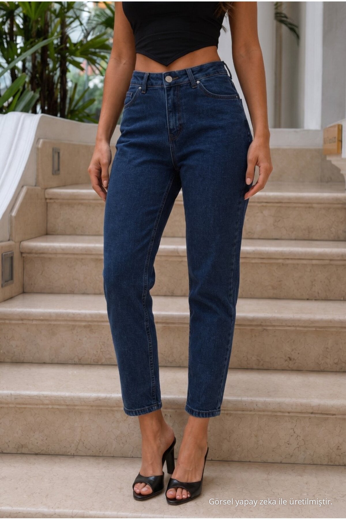 High Waist Mom Comfort Fit Navy Blue Jeans - MALLTURK