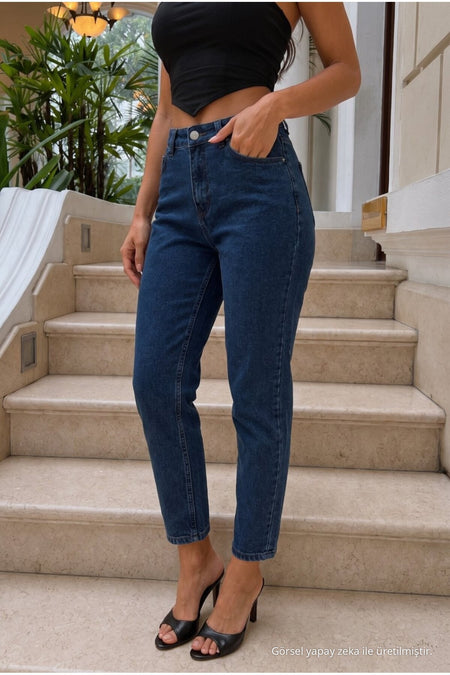 High Waist Mom Comfort Fit Navy Blue Jeans - MALLTURK