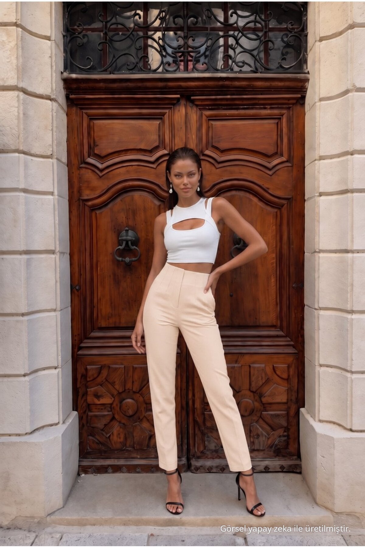 High Waist Slim Leg Darted Trousers Beige - MALLTURK
