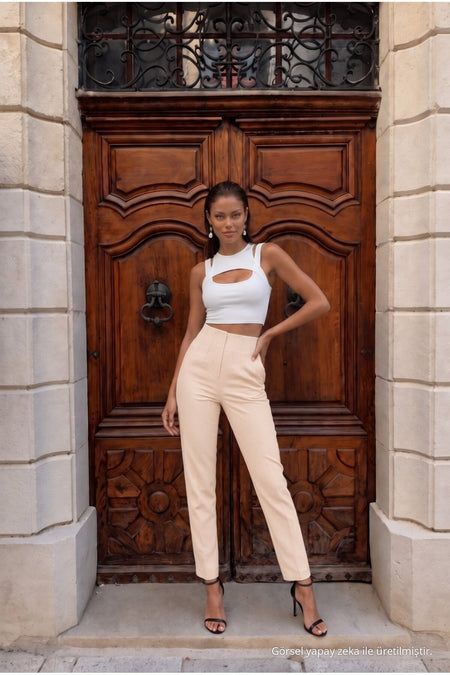 High Waist Slim Leg Darted Trousers Beige - MALLTURK