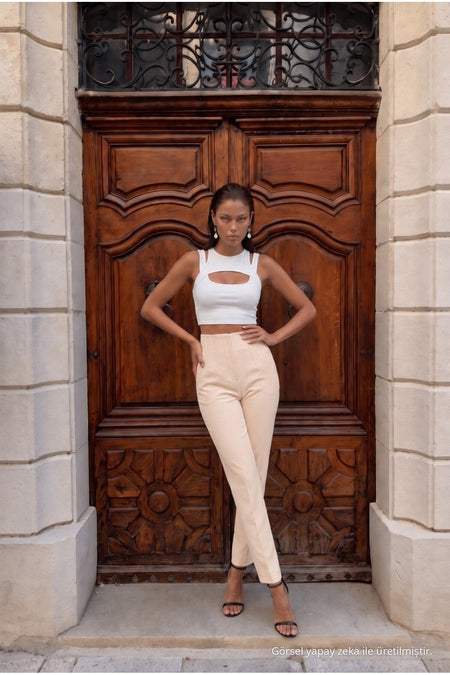 High Waist Slim Leg Darted Trousers Beige - MALLTURK