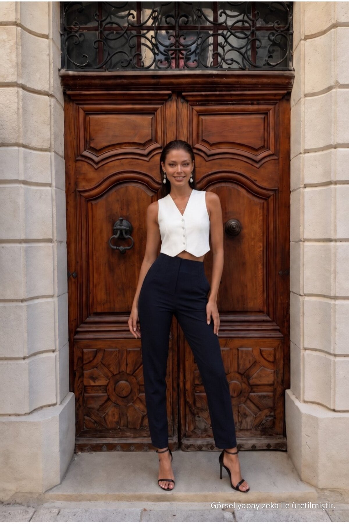 High Waist Slim Leg Darted Trousers NAVY BLUE - MALLTURK