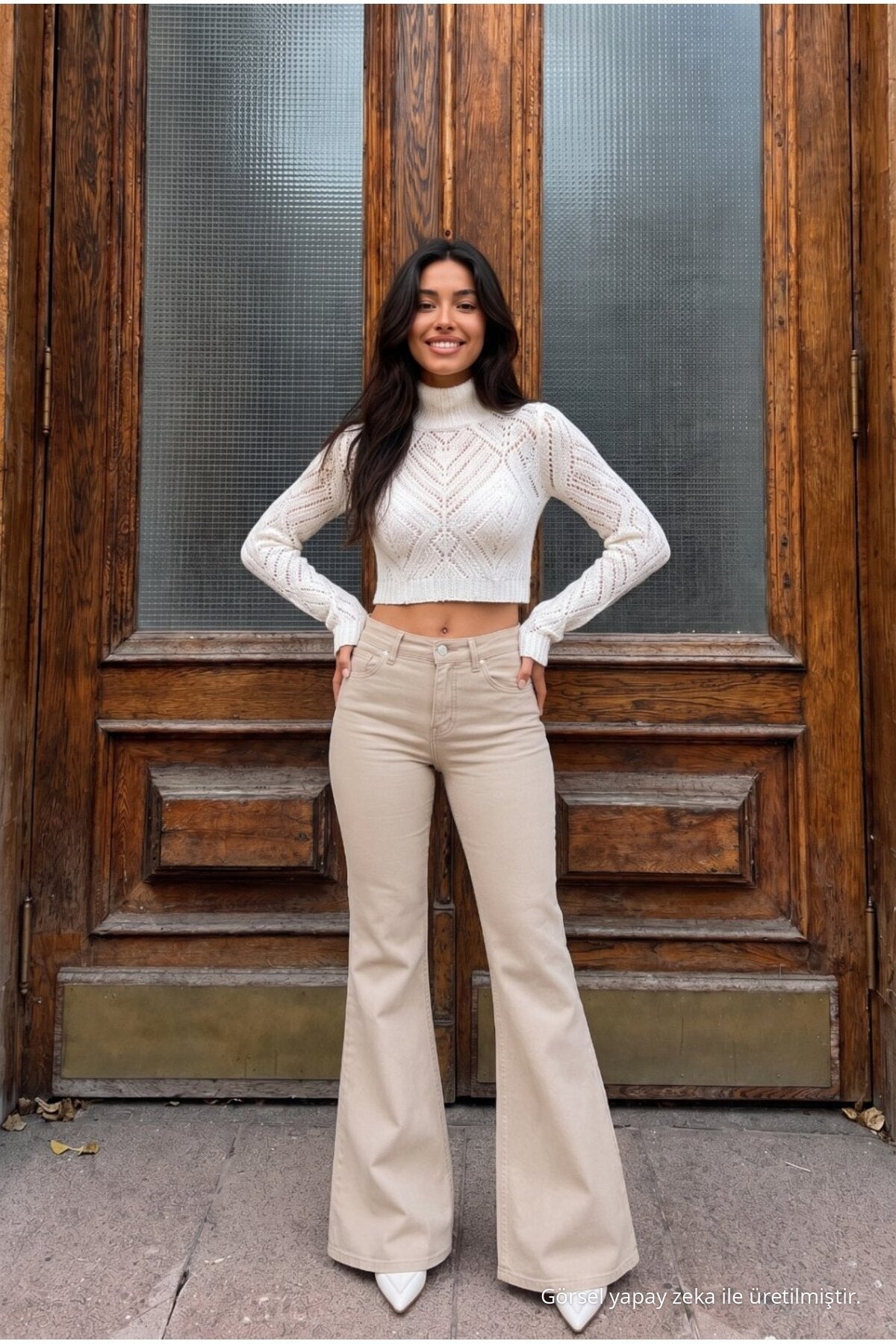 High Waist Stretch/Lycra A-Length Jeans Beige - MALLTURK