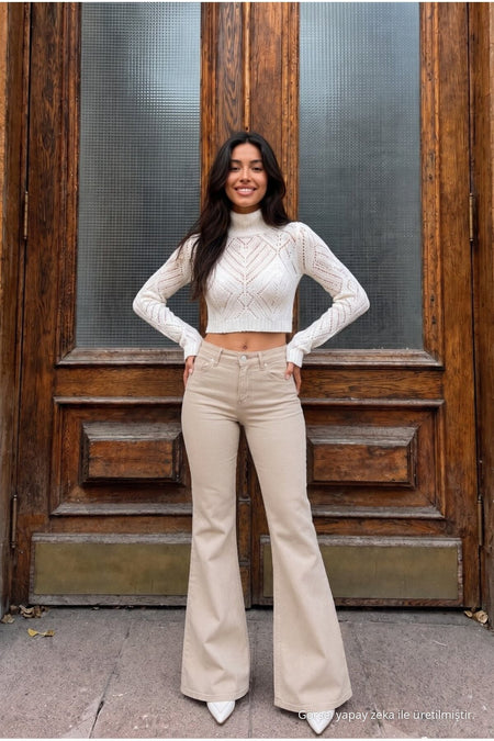 High Waist Stretch/Lycra A-Length Jeans Beige - MALLTURK