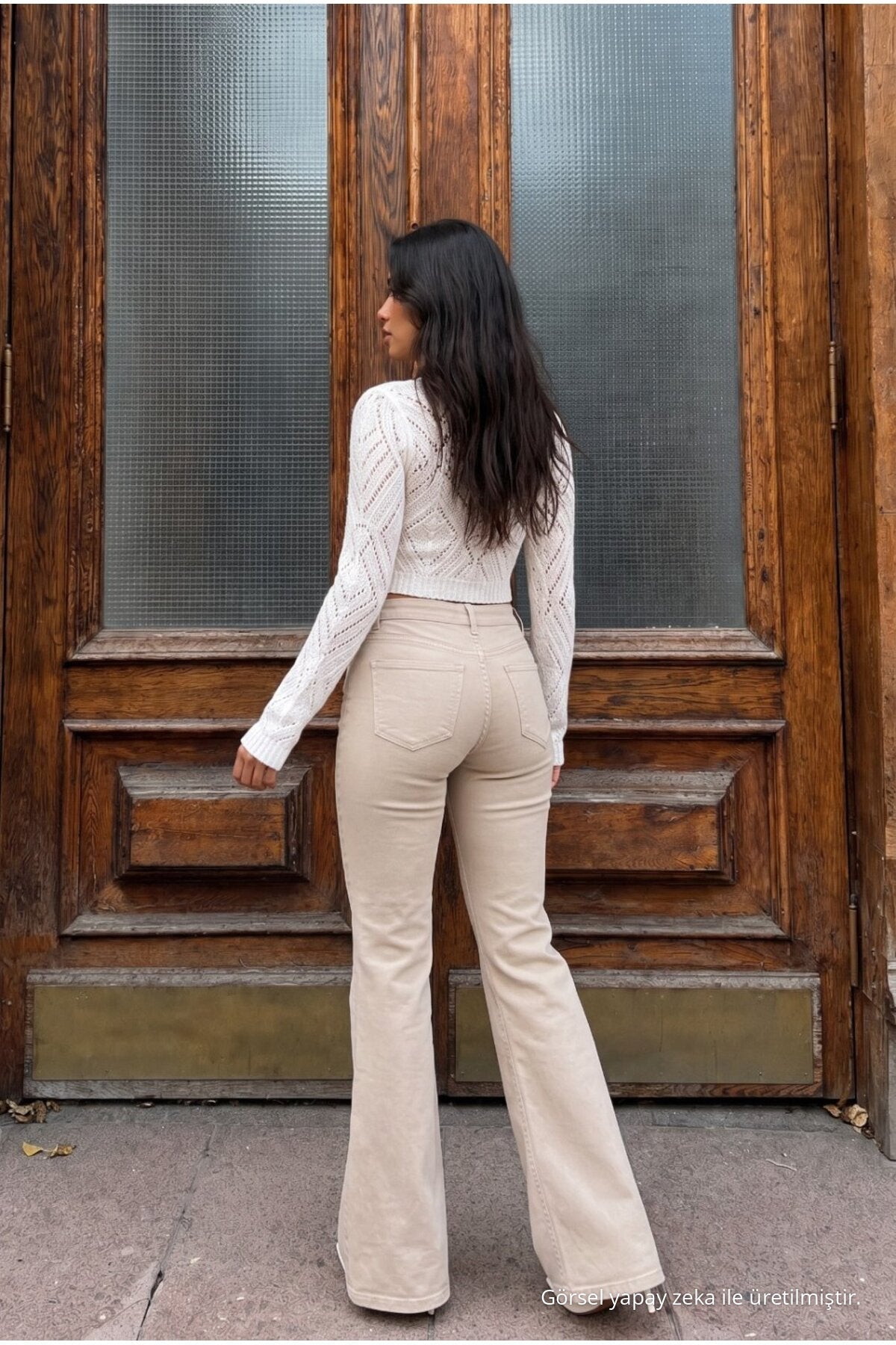 High Waist Stretch/Lycra A-Length Jeans Beige - MALLTURK