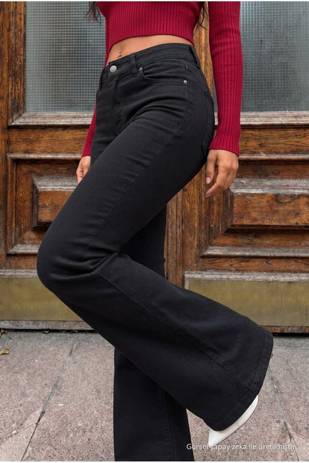 High Waist Stretch/Lycra A-Length Jeans Black - MALLTURK