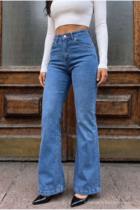 High Waist Stretch/Lycra A-Length Jeans Blue - MALLTURK