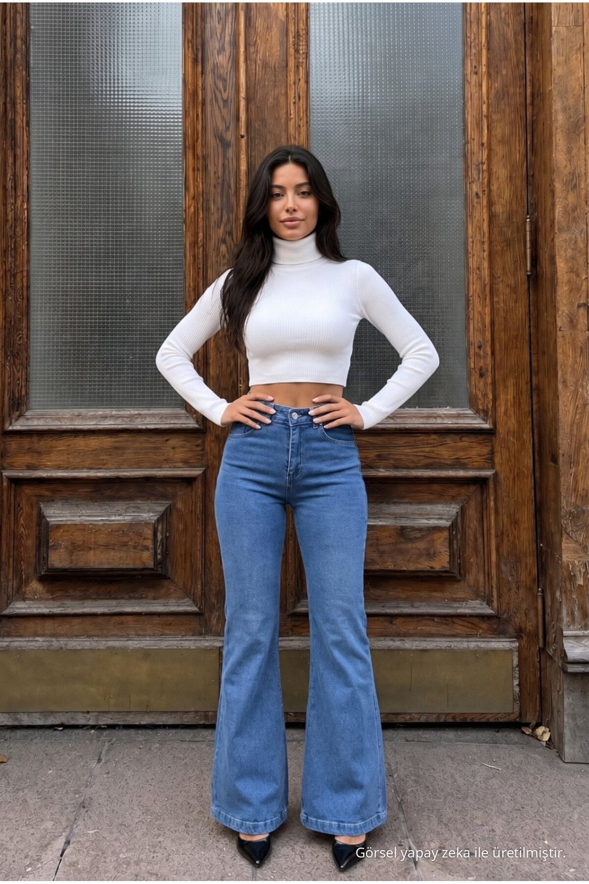 High Waist Stretch/Lycra A-Length Jeans Blue - MALLTURK