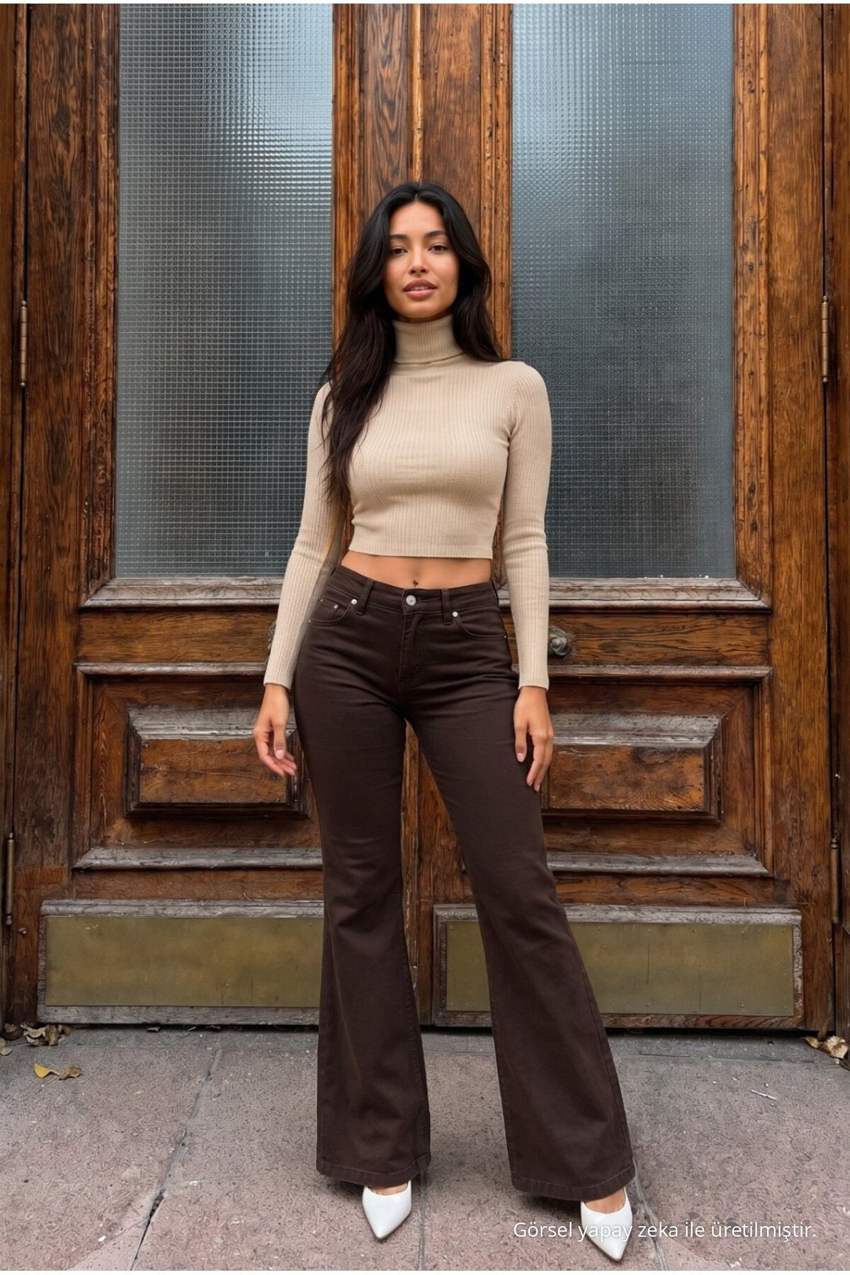 High Waist Stretch/Lycra A-Length Jeans Brown - MALLTURK
