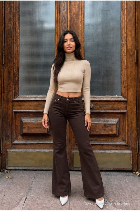 High Waist Stretch/Lycra A-Length Jeans Brown - MALLTURK
