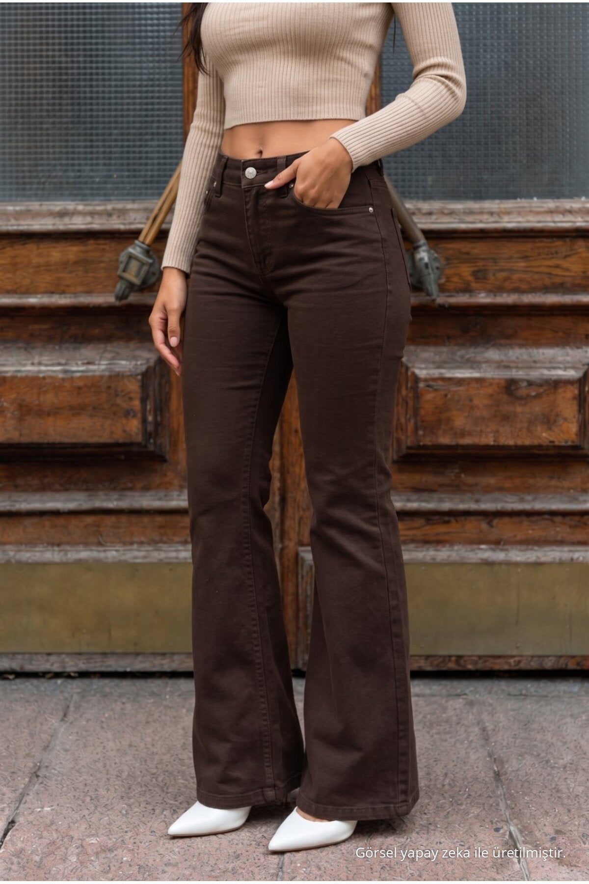 High Waist Stretch/Lycra A-Length Jeans Brown - MALLTURK
