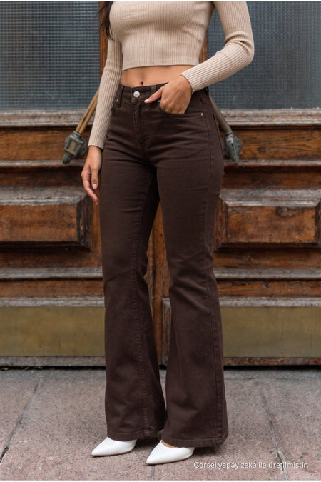 High Waist Stretch/Lycra A-Length Jeans Brown - MALLTURK