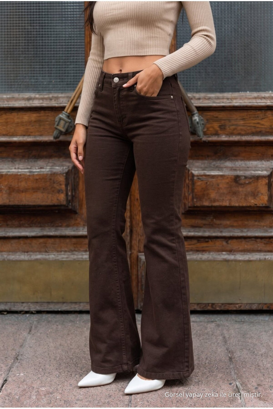 High Waist Stretch/Lycra A-Length Jeans Brown - MALLTURK