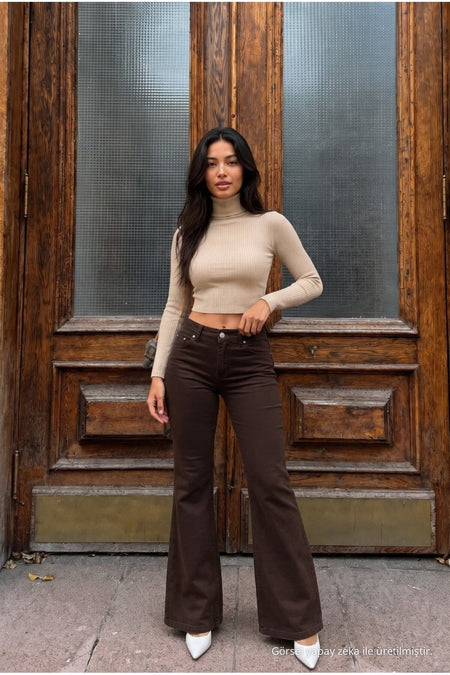 High Waist Stretch/Lycra A-Length Jeans Brown - MALLTURK