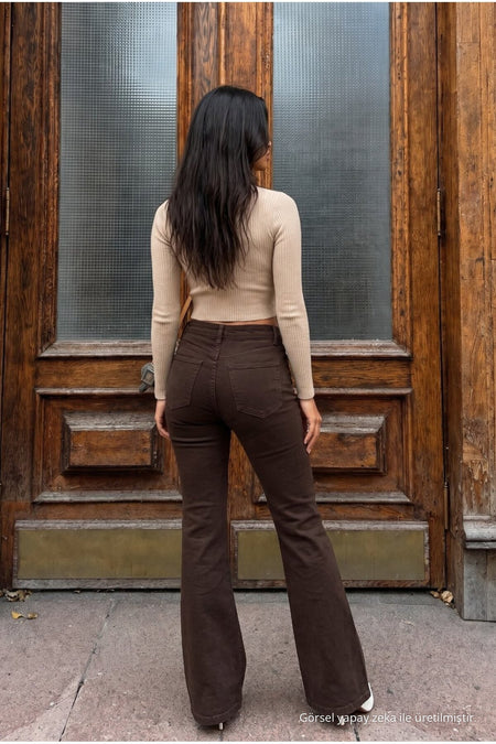 High Waist Stretch/Lycra A-Length Jeans Brown - MALLTURK
