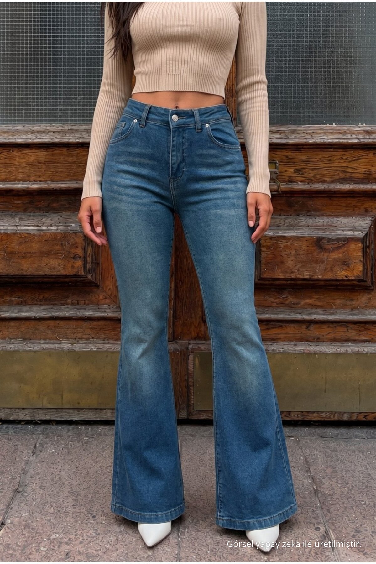 High Waist Stretch/Lycra A-Length Jeans Dark Blue - MALLTURK