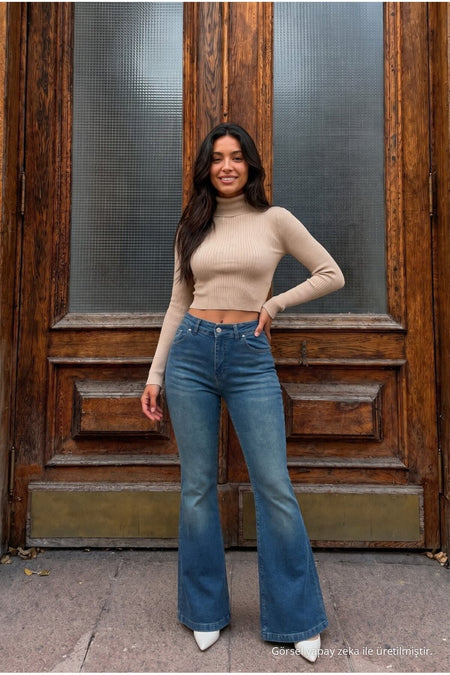 High Waist Stretch/Lycra A-Length Jeans Dark Blue - MALLTURK