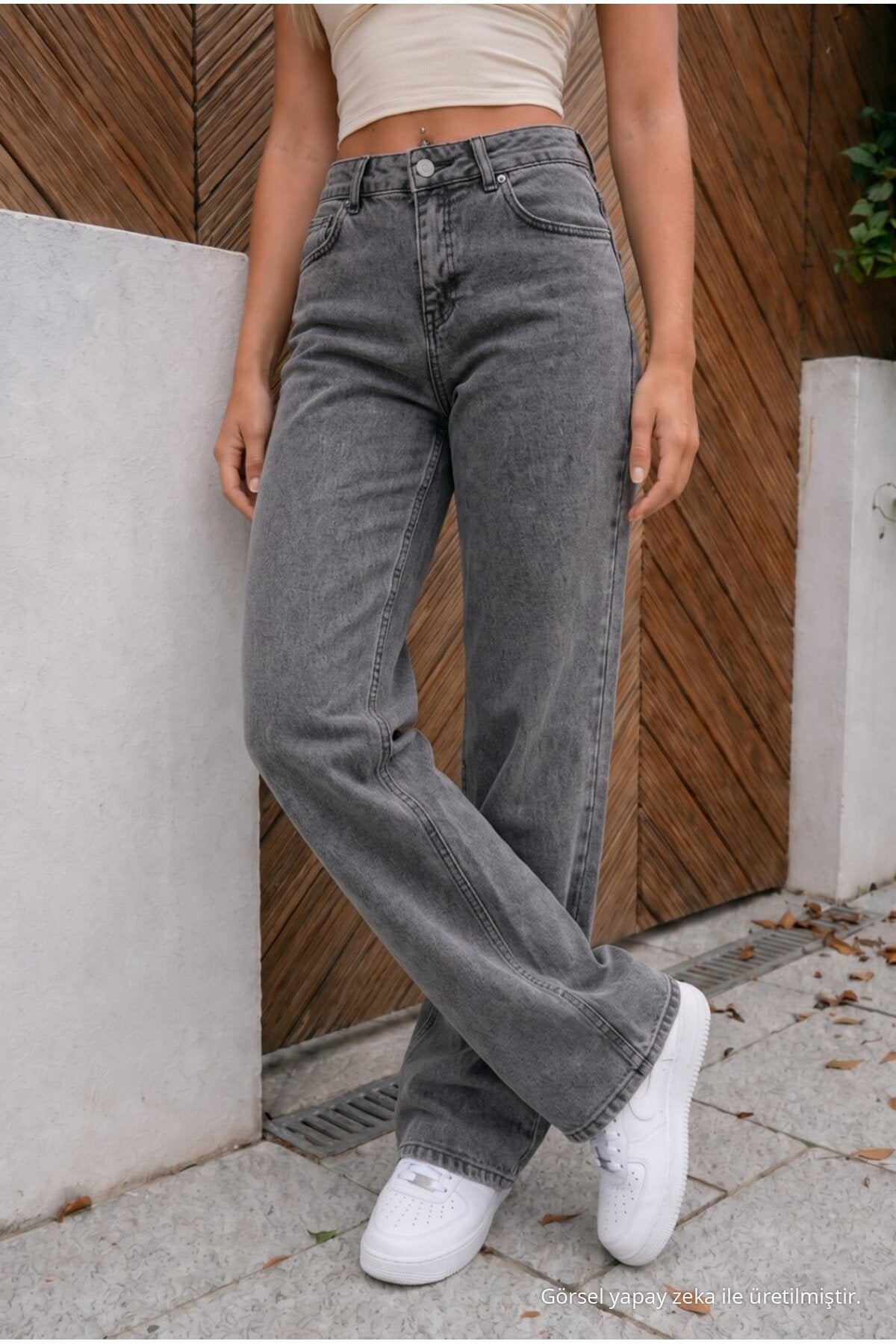 High Waist Wide Leg Loose Fit Stretch Palazzo Jeans Smoke Grey - MALLTURK