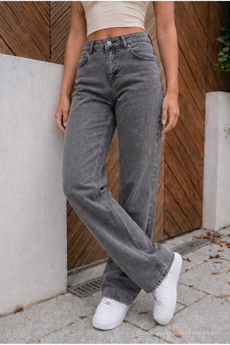 High Waist Wide Leg Loose Fit Stretch Palazzo Jeans Smoke Grey - MALLTURK