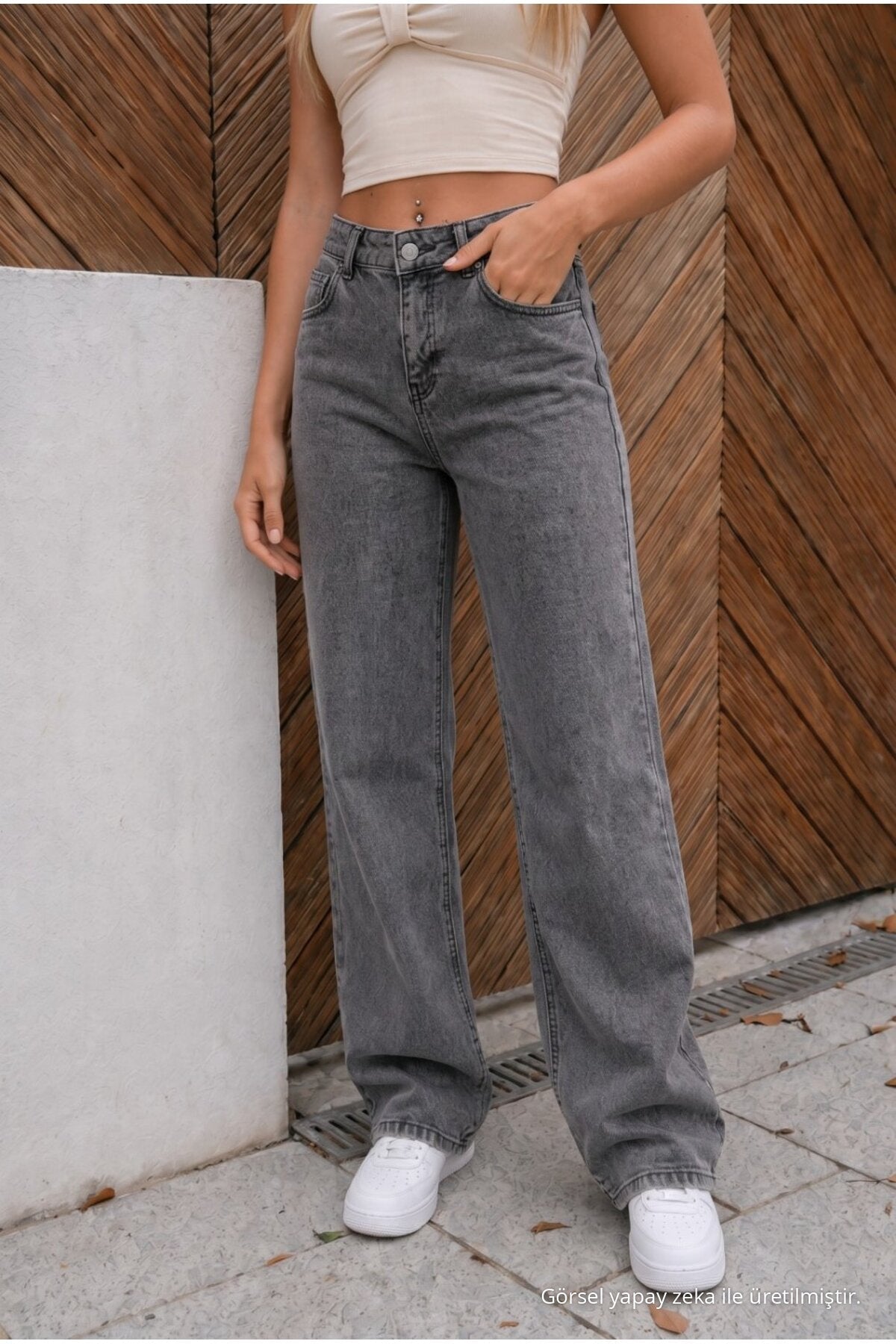 High Waist Wide Leg Loose Fit Stretch Palazzo Jeans Smoke Grey - MALLTURK