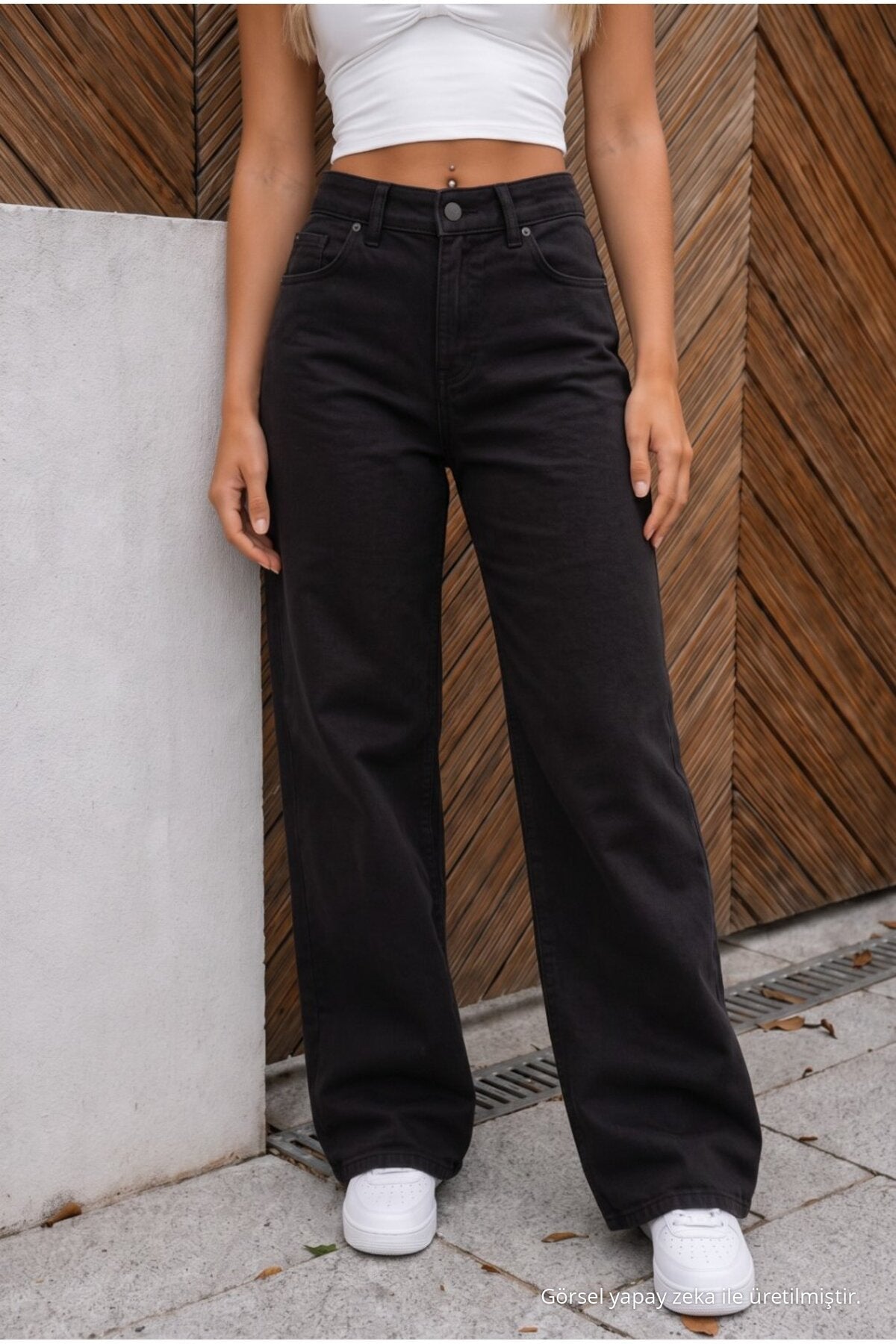 High Waist Wide Leg Loose Fit Stretchy Palazzo Jeans Black - MALLTURK