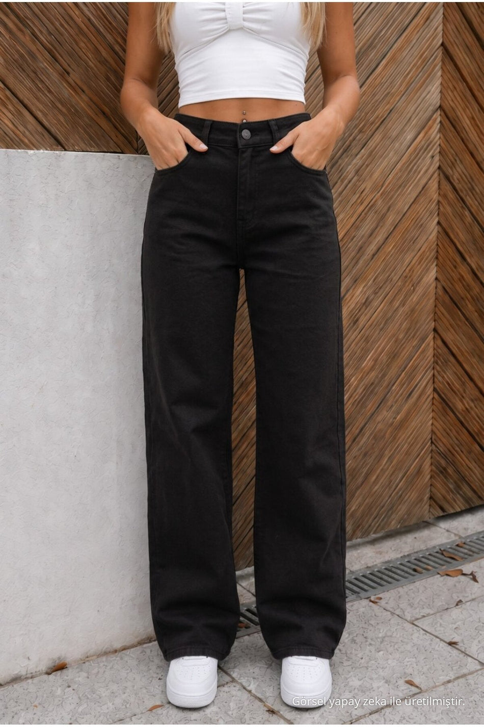 High Waist Wide Leg Loose Fit Stretchy Palazzo Jeans Black - MALLTURK