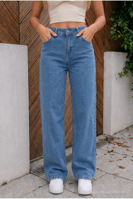 High Waist Wide Leg Loose Fit Stretchy Palazzo Jeans Blue - MALLTURK