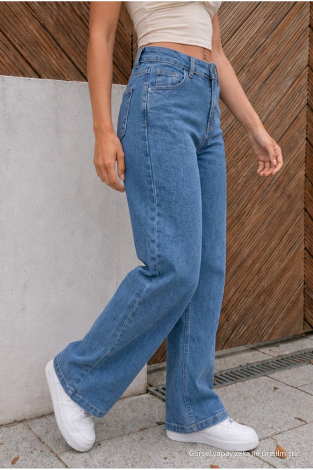 High Waist Wide Leg Loose Fit Stretchy Palazzo Jeans Blue - MALLTURK