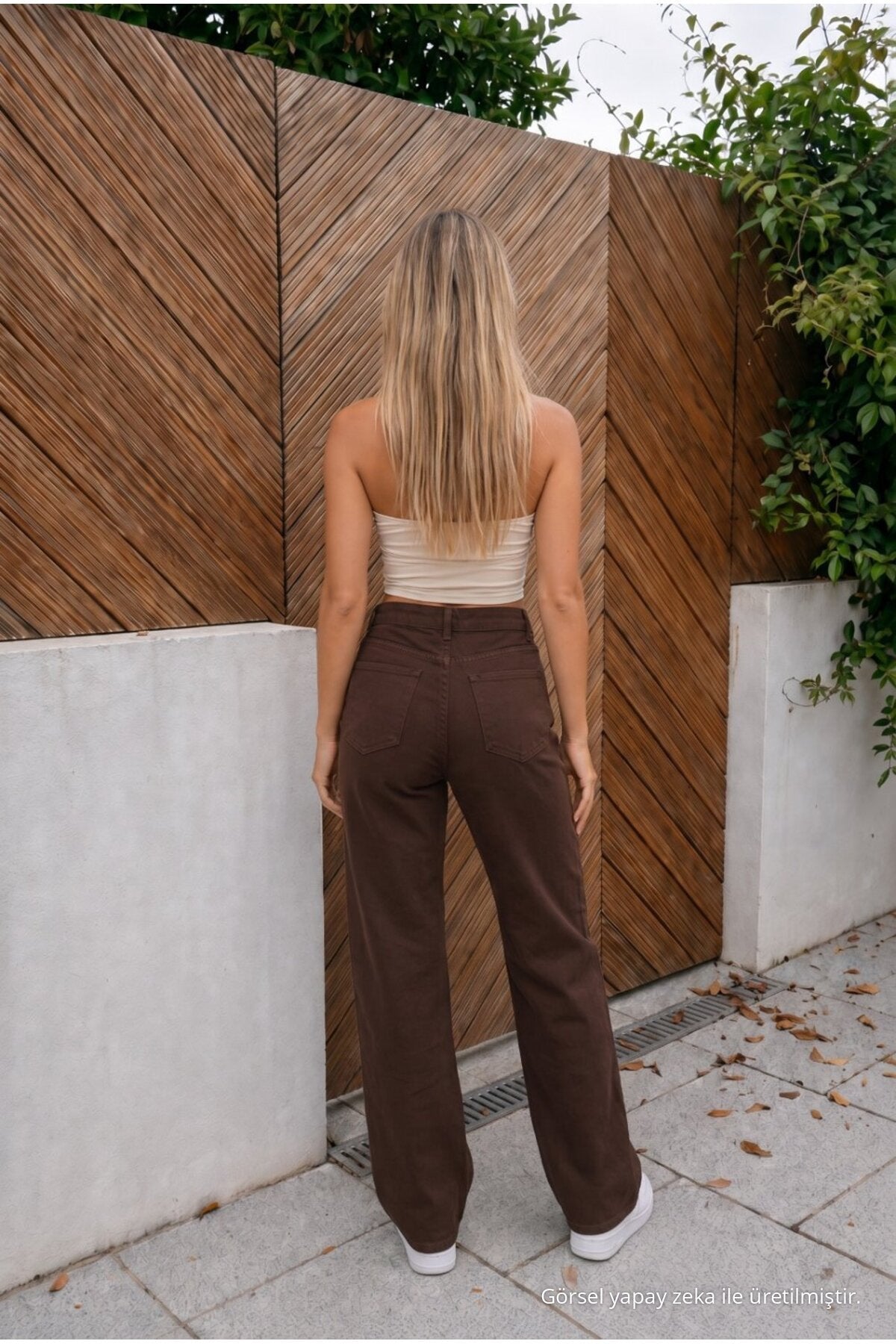 High Waist Wide Leg Loose Fit Stretchy Palazzo Jeans Brown - MALLTURK
