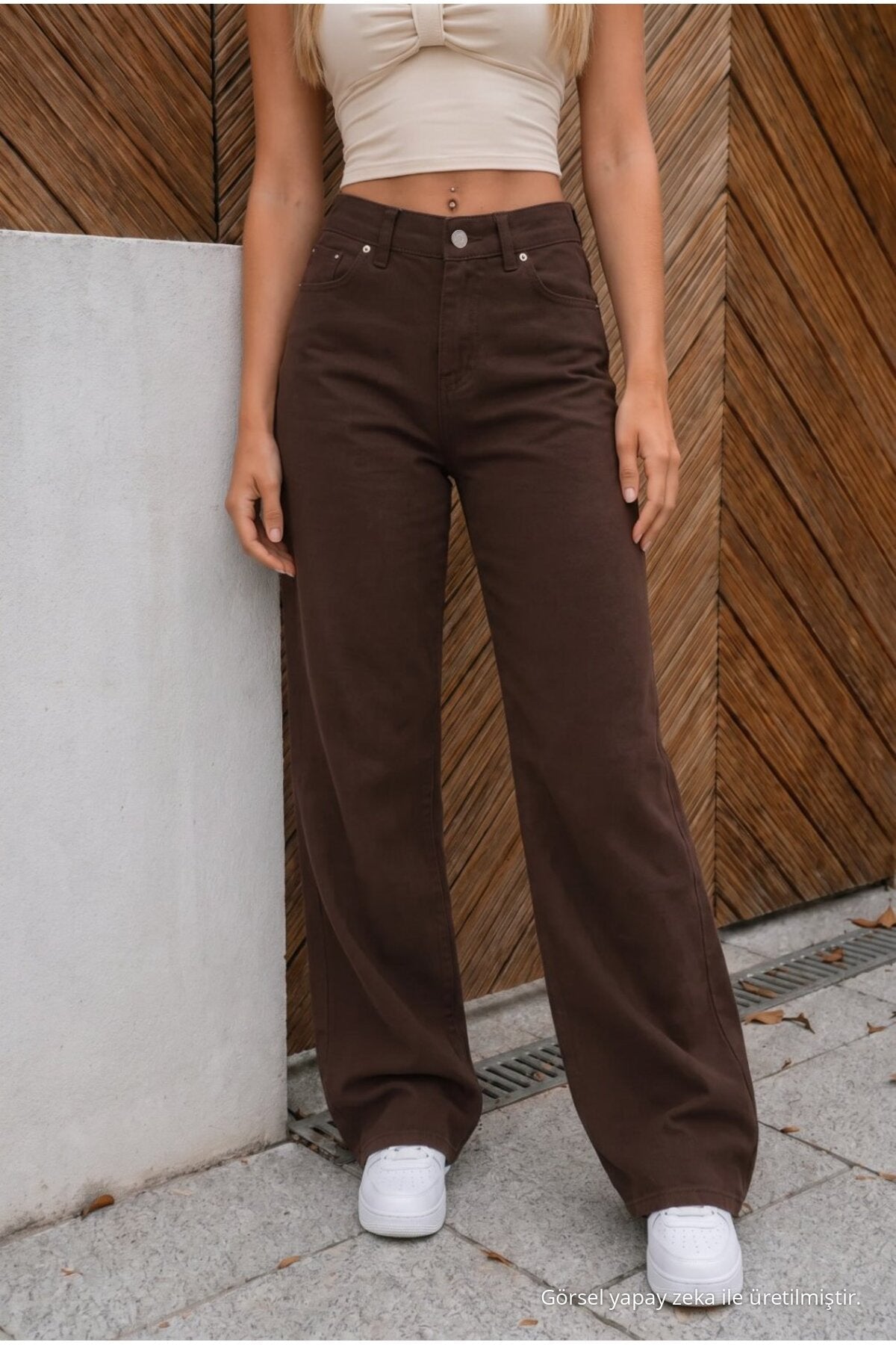 High Waist Wide Leg Loose Fit Stretchy Palazzo Jeans Brown - MALLTURK