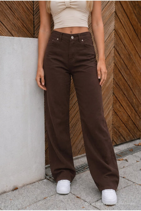 High Waist Wide Leg Loose Fit Stretchy Palazzo Jeans Brown - MALLTURK
