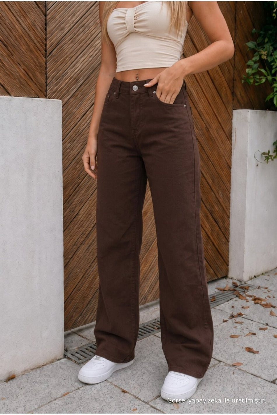 High Waist Wide Leg Loose Fit Stretchy Palazzo Jeans Brown - MALLTURK