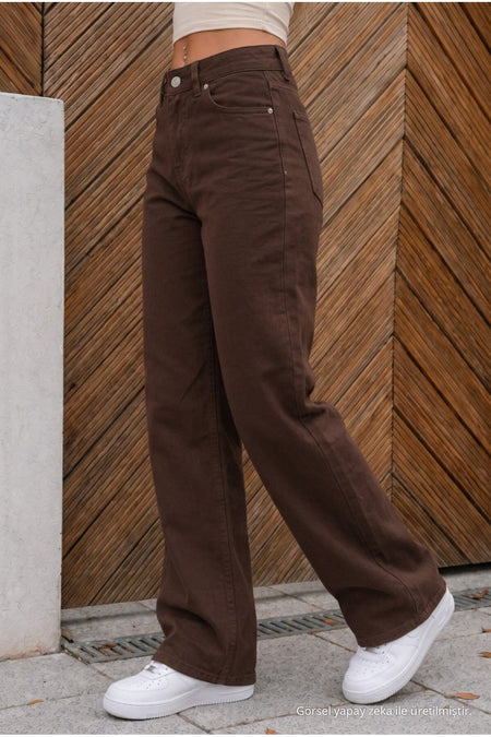 High Waist Wide Leg Loose Fit Stretchy Palazzo Jeans Brown - MALLTURK