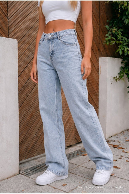 High Waist Wide Leg Loose Fit Stretchy Palazzo Jeans Light Blue - MALLTURK