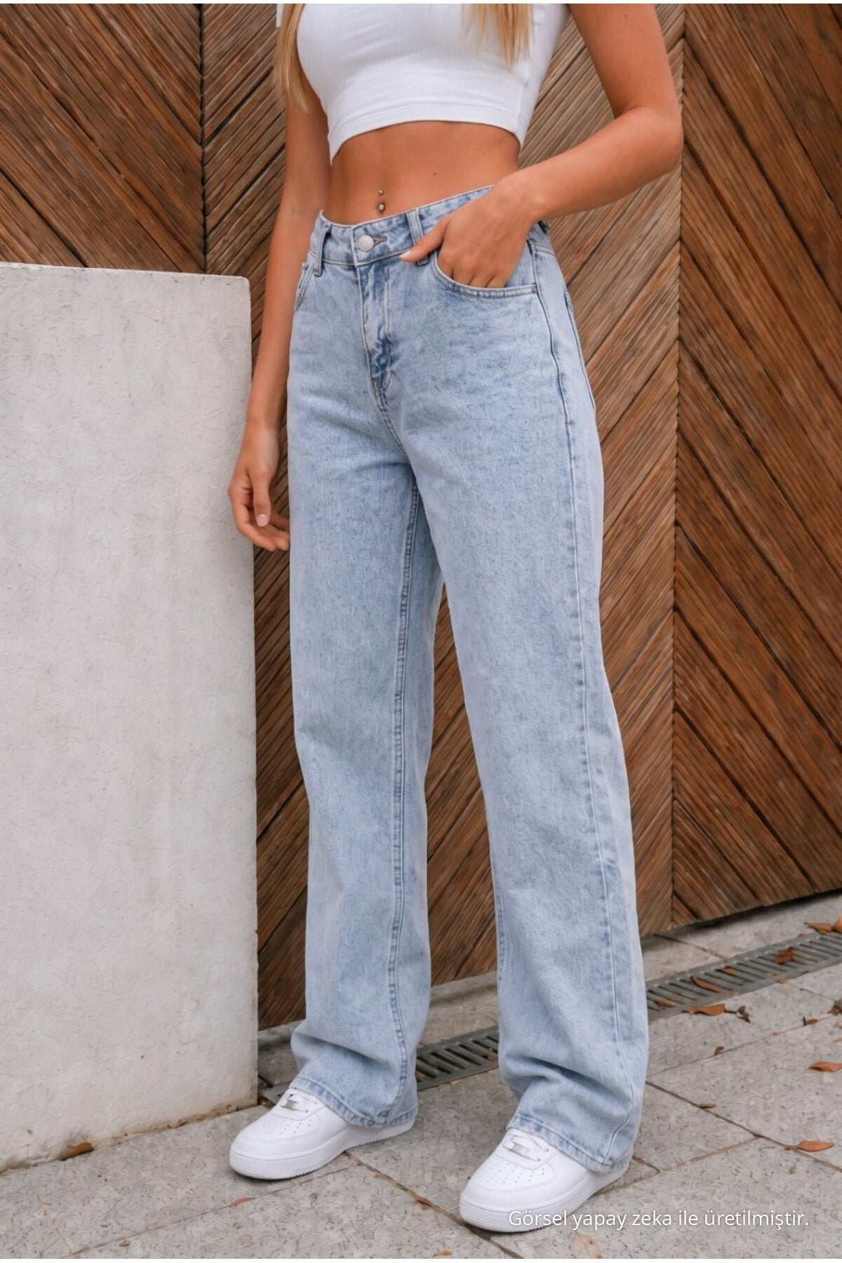High Waist Wide Leg Loose Fit Stretchy Palazzo Jeans Light Blue - MALLTURK