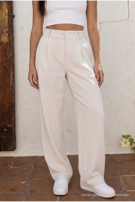 High Waist Wide Leg Relaxed Fit Palazzo Pants Beige - MALLTURK