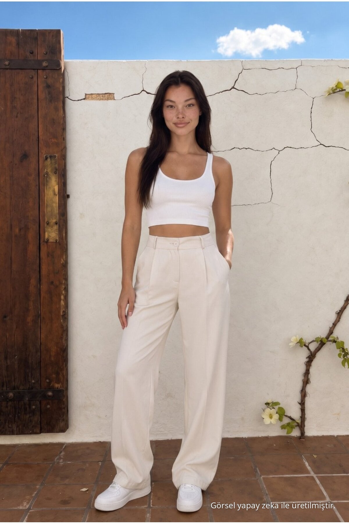High Waist Wide Leg Relaxed Fit Palazzo Pants Beige - MALLTURK