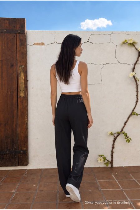 High Waist Wide Leg Relaxed Fit Palazzo Pants BLACK - MALLTURK