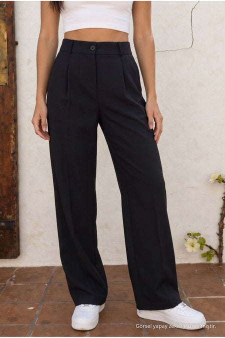 High Waist Wide Leg Relaxed Fit Palazzo Pants BLACK - MALLTURK