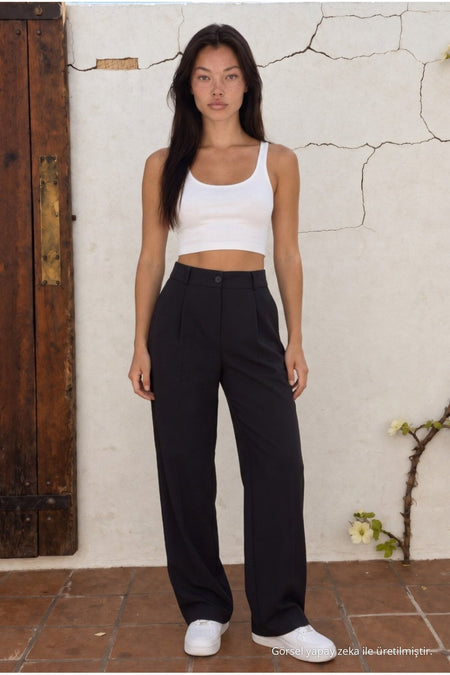 High Waist Wide Leg Relaxed Fit Palazzo Pants BLACK - MALLTURK