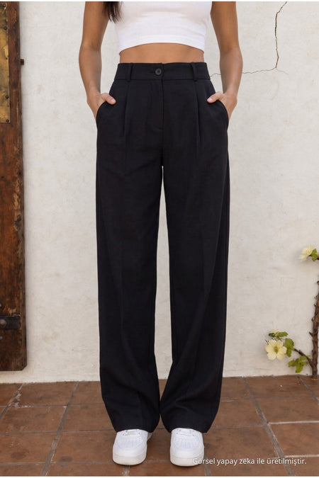 High Waist Wide Leg Relaxed Fit Palazzo Pants BLACK - MALLTURK