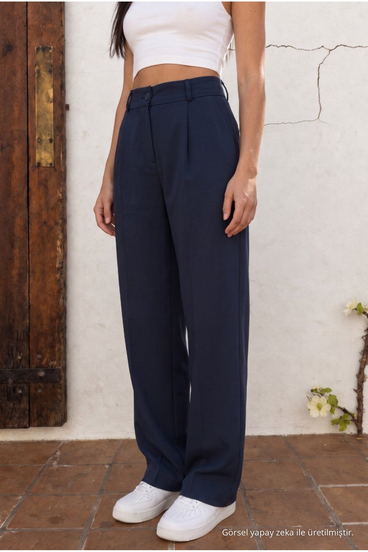High Waist Wide Leg Relaxed Fit Palazzo Pants NAVY BLUE - MALLTURK