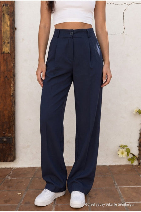 High Waist Wide Leg Relaxed Fit Palazzo Pants NAVY BLUE - MALLTURK