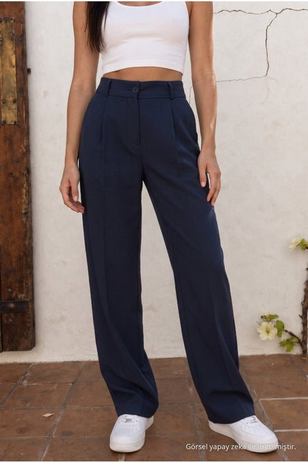 High Waist Wide Leg Relaxed Fit Palazzo Pants NAVY BLUE - MALLTURK