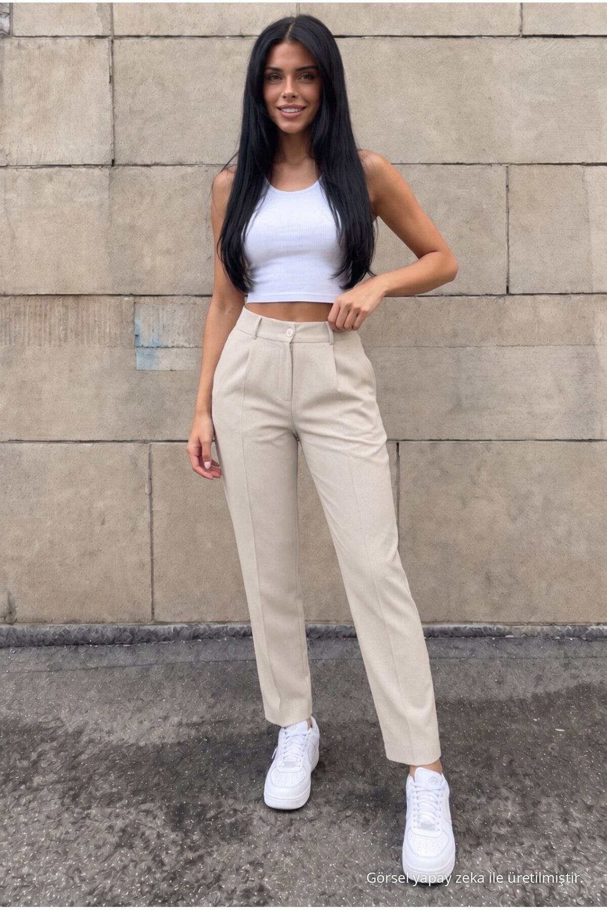 High-Waisted Carrot-Style Elastic Waist Slim-Fit Trousers, Beige - MALLTURK