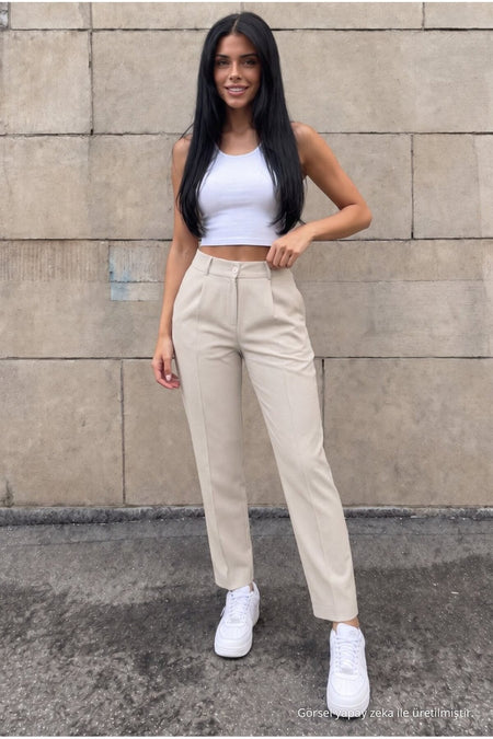 High-Waisted Carrot-Style Elastic Waist Slim-Fit Trousers, Beige - MALLTURK