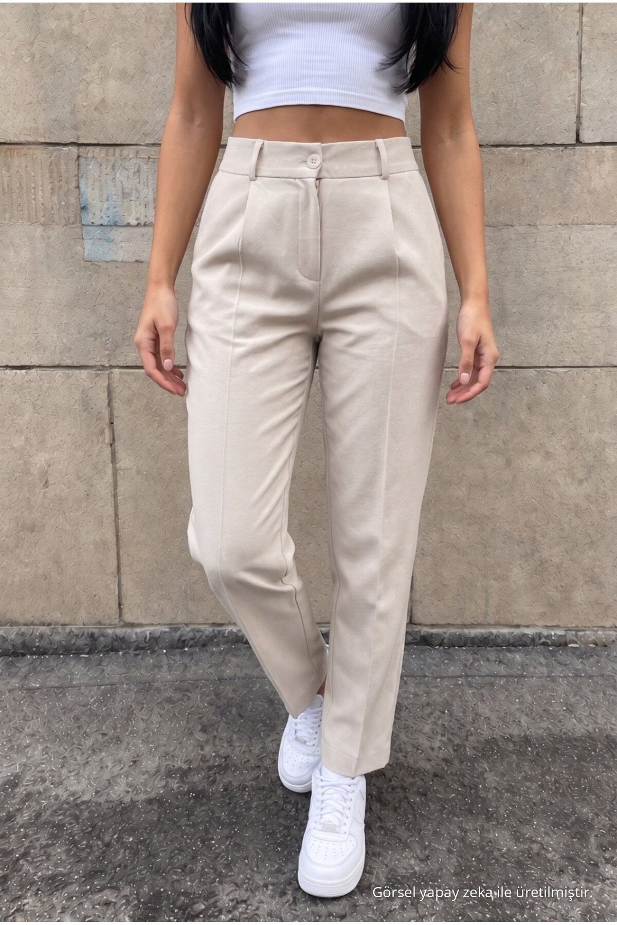 High-Waisted Carrot-Style Elastic Waist Slim-Fit Trousers, Beige - MALLTURK