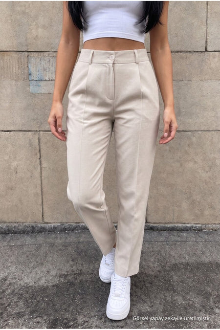 High-Waisted Carrot-Style Elastic Waist Slim-Fit Trousers, Beige - MALLTURK
