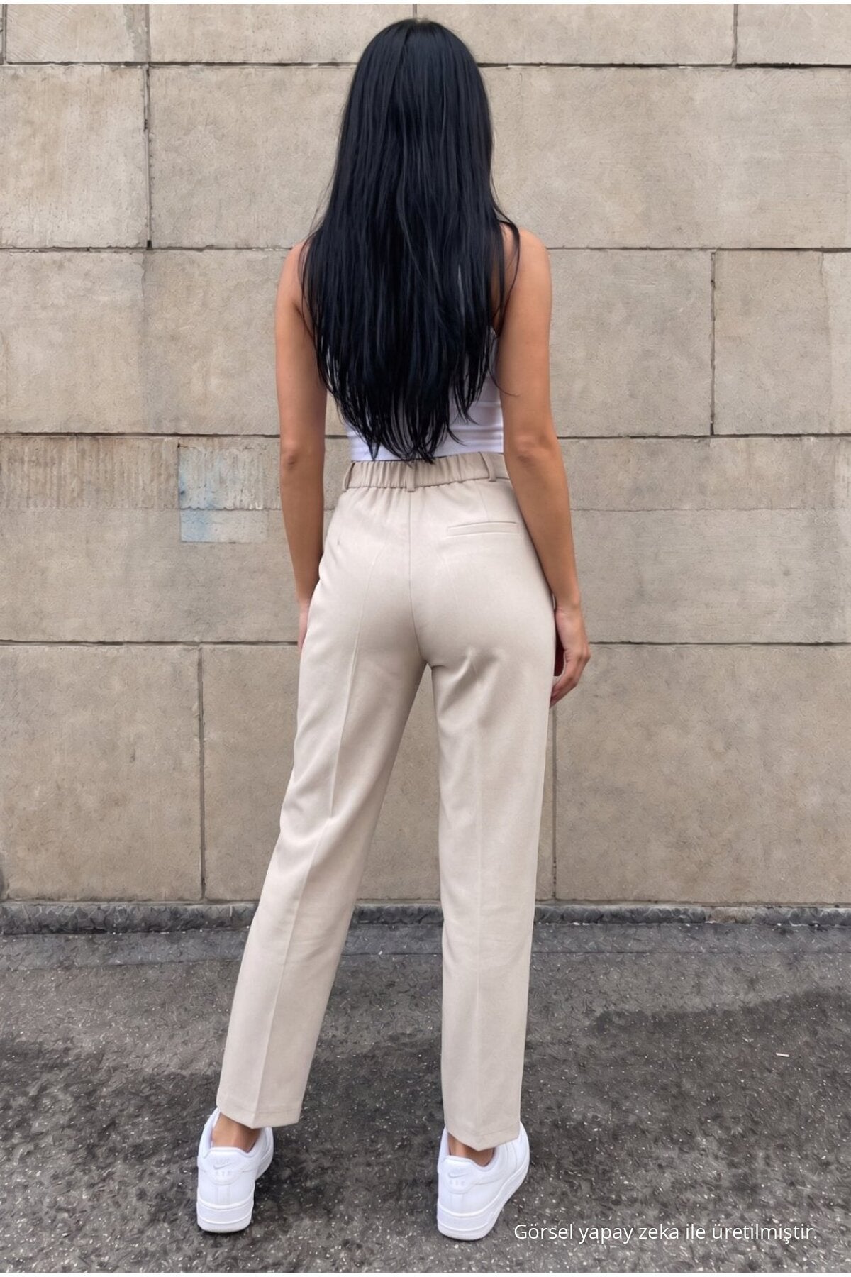 High-Waisted Carrot-Style Elastic Waist Slim-Fit Trousers, Beige - MALLTURK