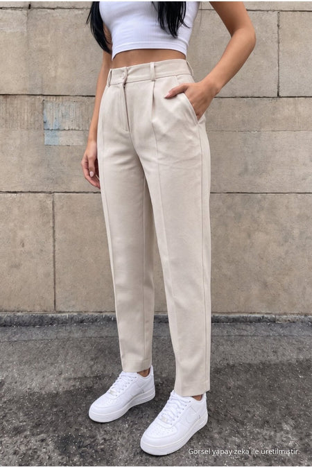 High-Waisted Carrot-Style Elastic Waist Slim-Fit Trousers, Beige - MALLTURK